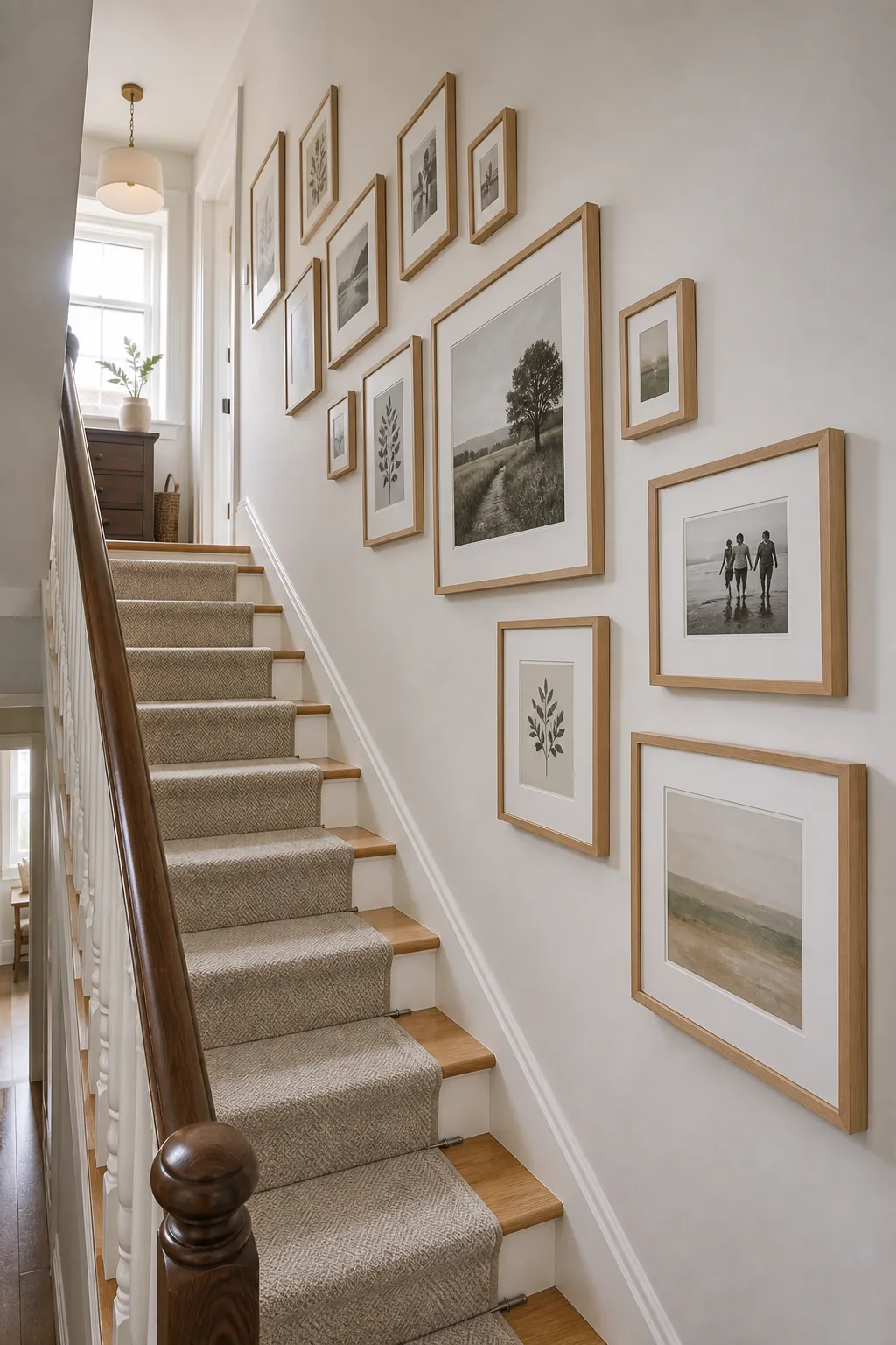 Matching light wood frames creating a calm gallery wall in a narrow staircase