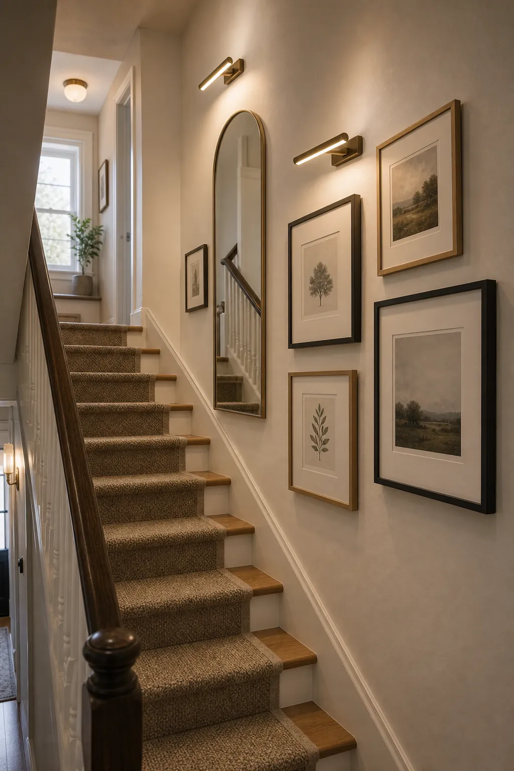 Narrow staircase wall with framed art, a slim mirror, and warm gallery lighting