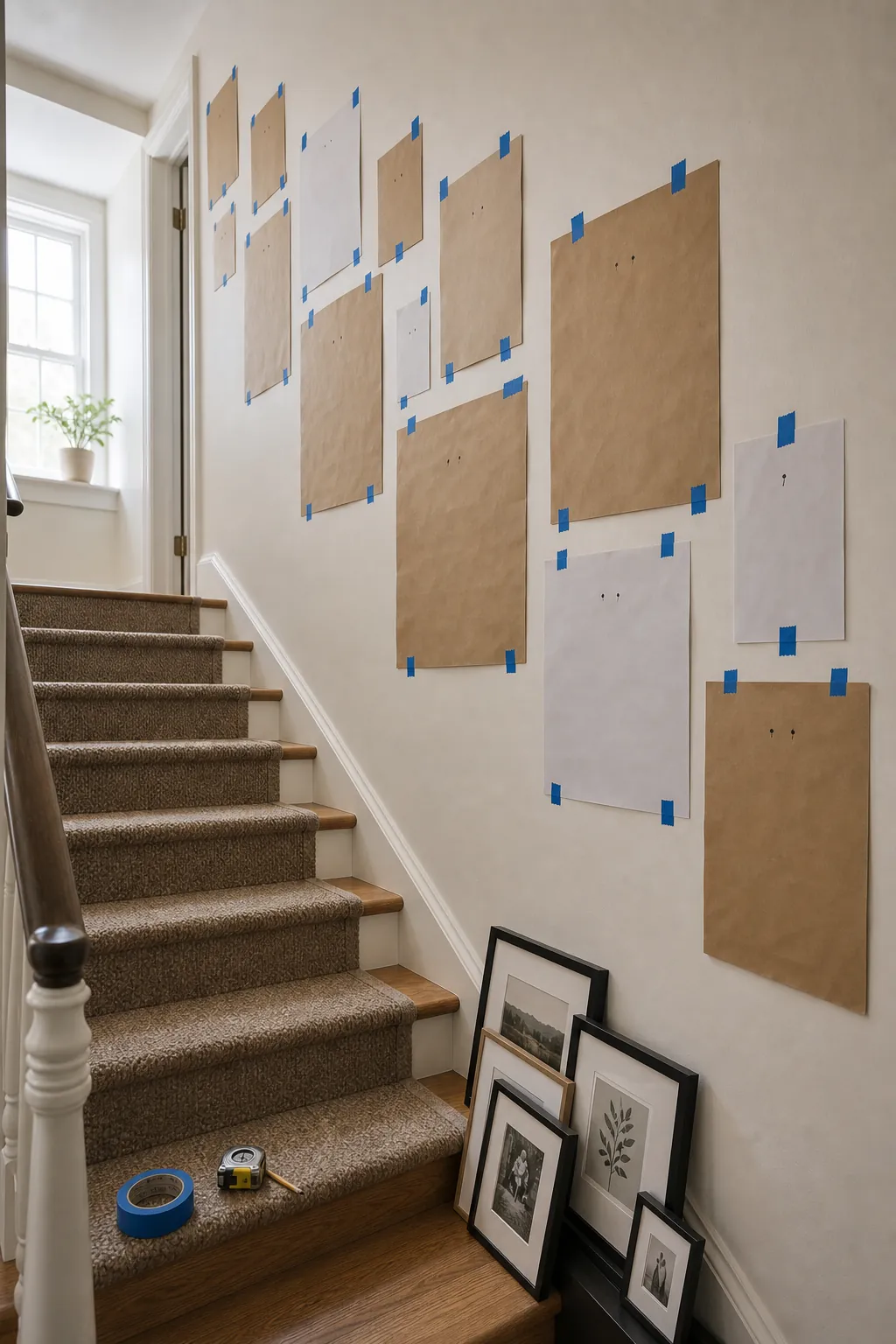 Paper templates taped to a narrow staircase wall before hanging gallery wall frames