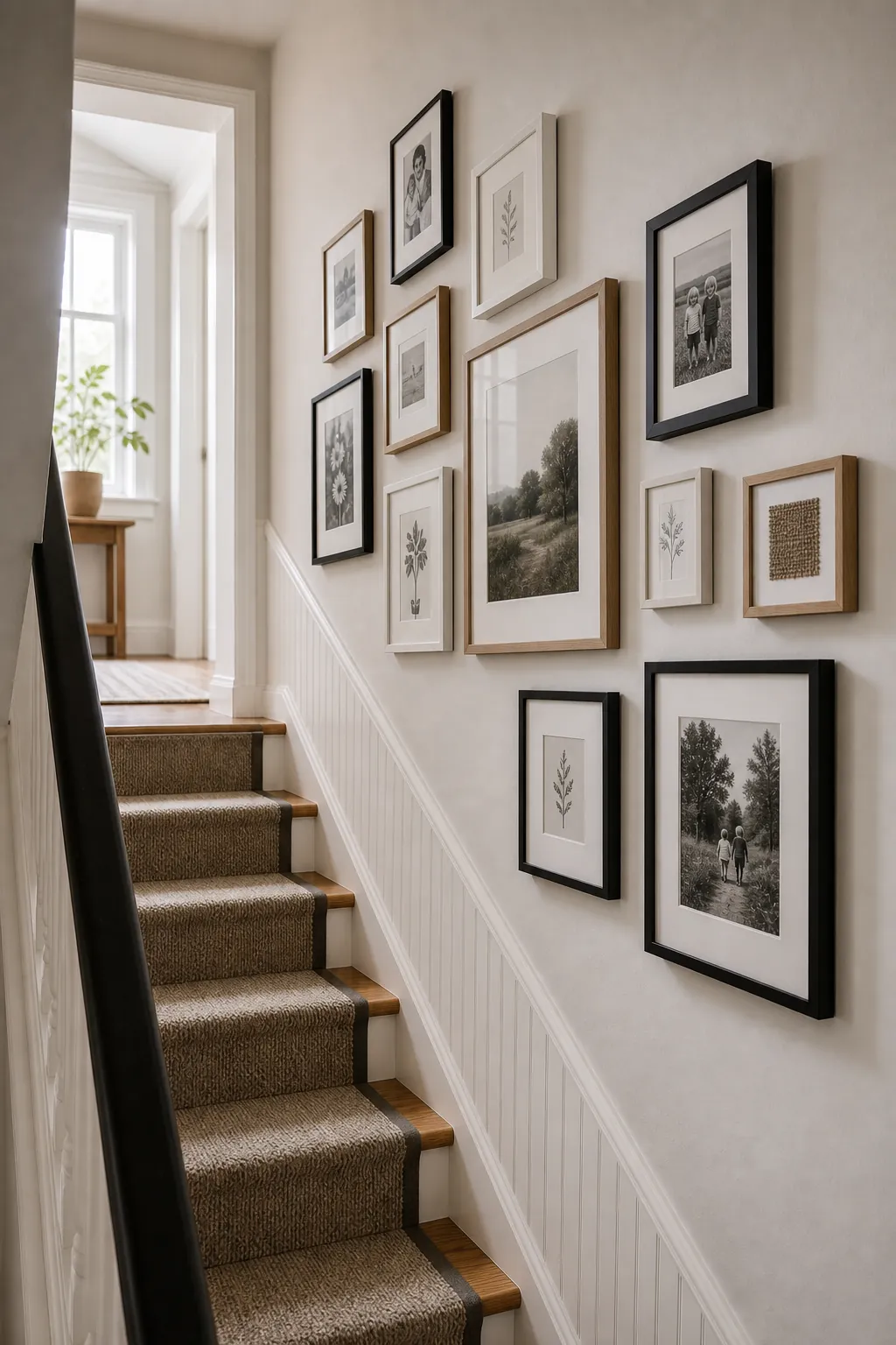 Small and medium framed wall art arranged in a narrow staircase without crowding the walkway