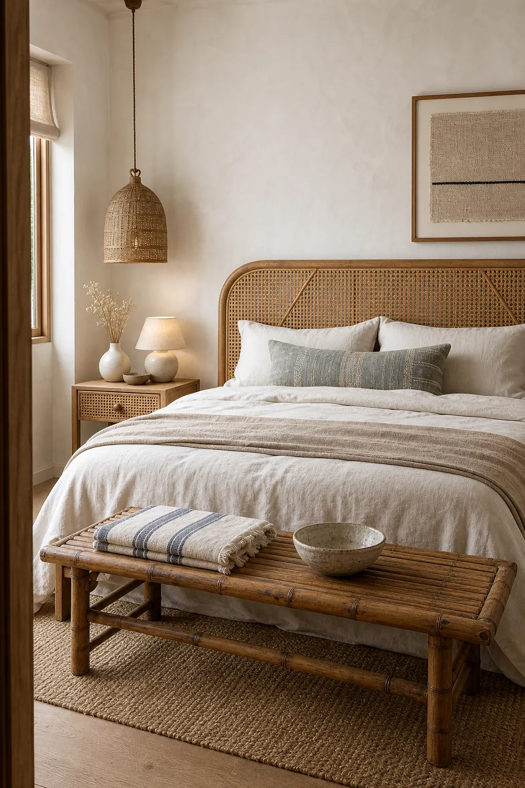 Coastal chic bedroom with a rattan headboard, bamboo bench, linen bedding, and handmade ceramics