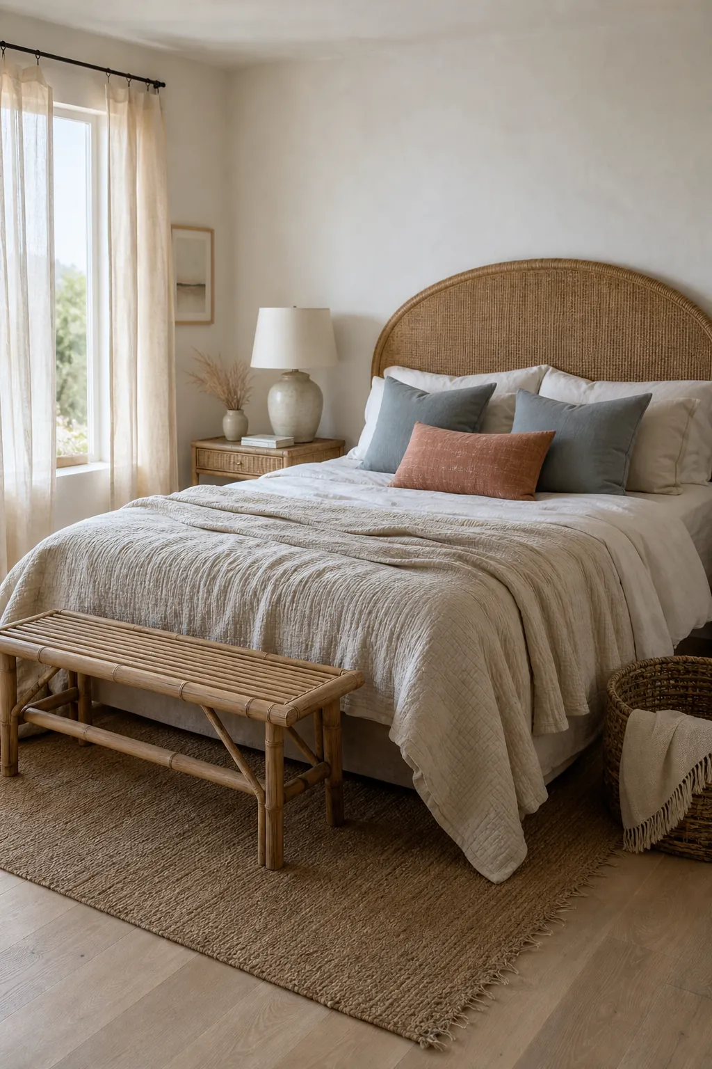 Coastal boho bedroom with linen bedding, rattan, bamboo, jute, and soft beachy light
