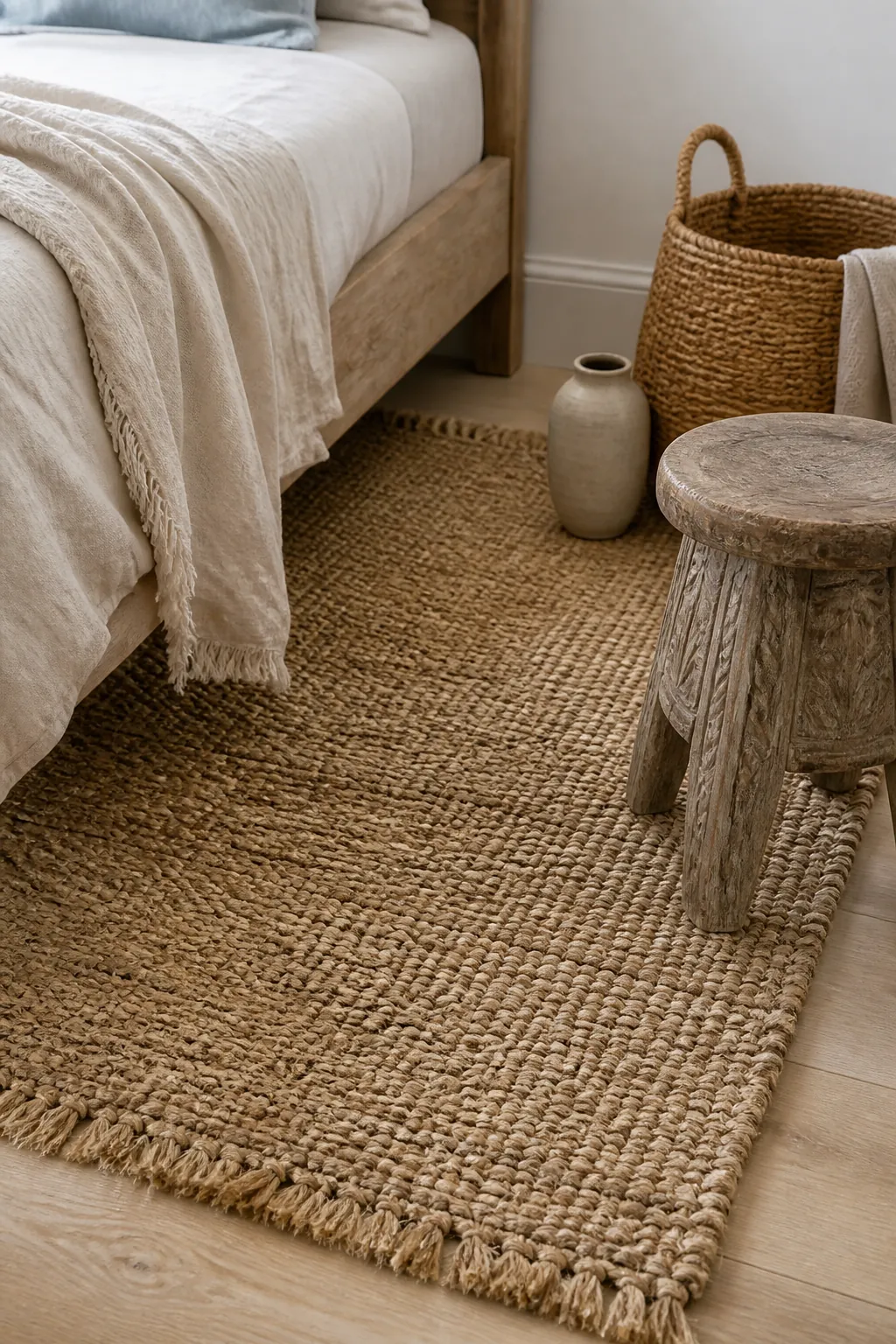 Beachy boho bedroom with a jute rug, carved wood stool, linen throw, and soft natural textures