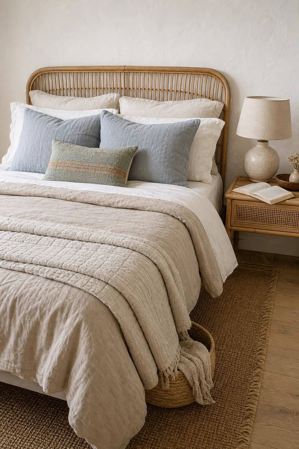 Layered linen bed in a neutral coastal boho bedroom with rattan and soft blue accents