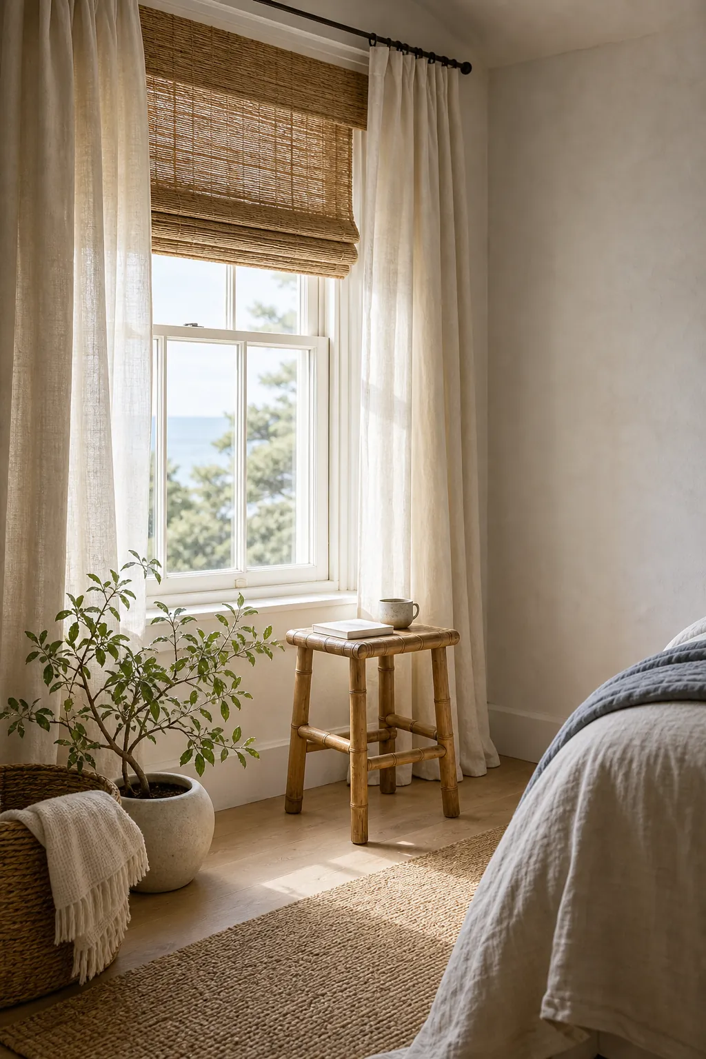 Coastal bedroom inspiration with linen curtains, a bamboo stool, woven shade, and soft morning light