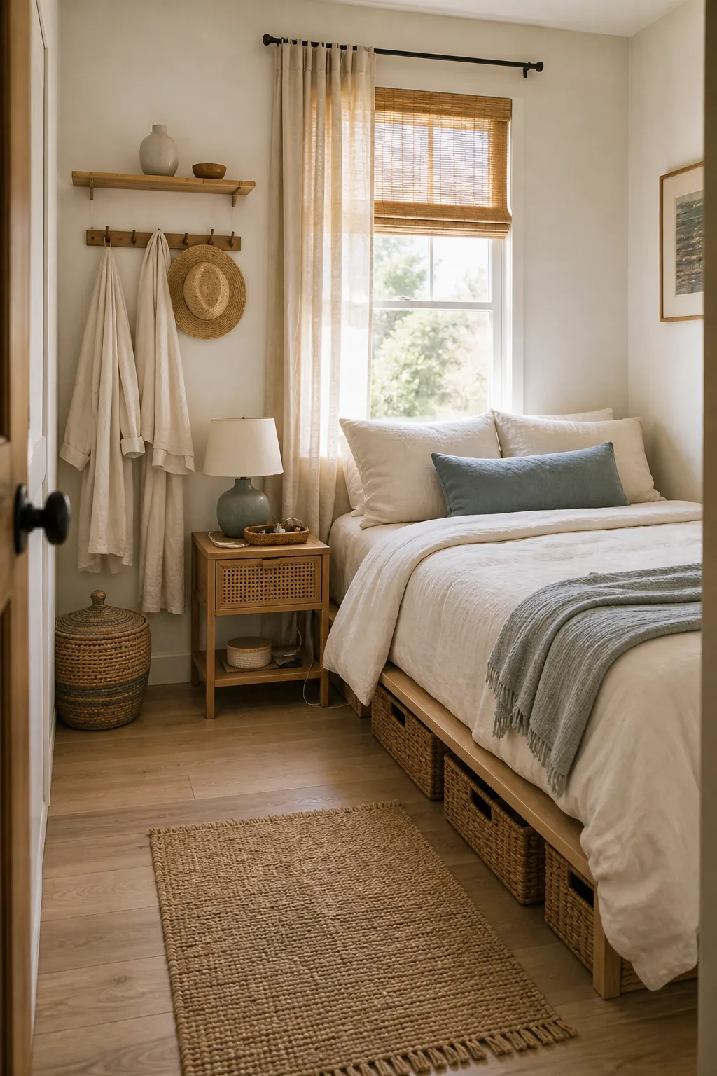 Small coastal boho bedroom with slim cane nightstand, under bed basket storage, and airy neutral decor