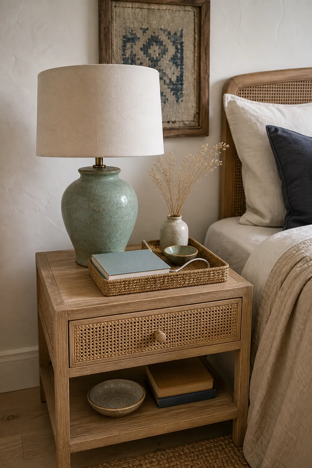Coastal boho nightstand with sea glass green lamp, ceramic dish, woven tray, and linen bedding