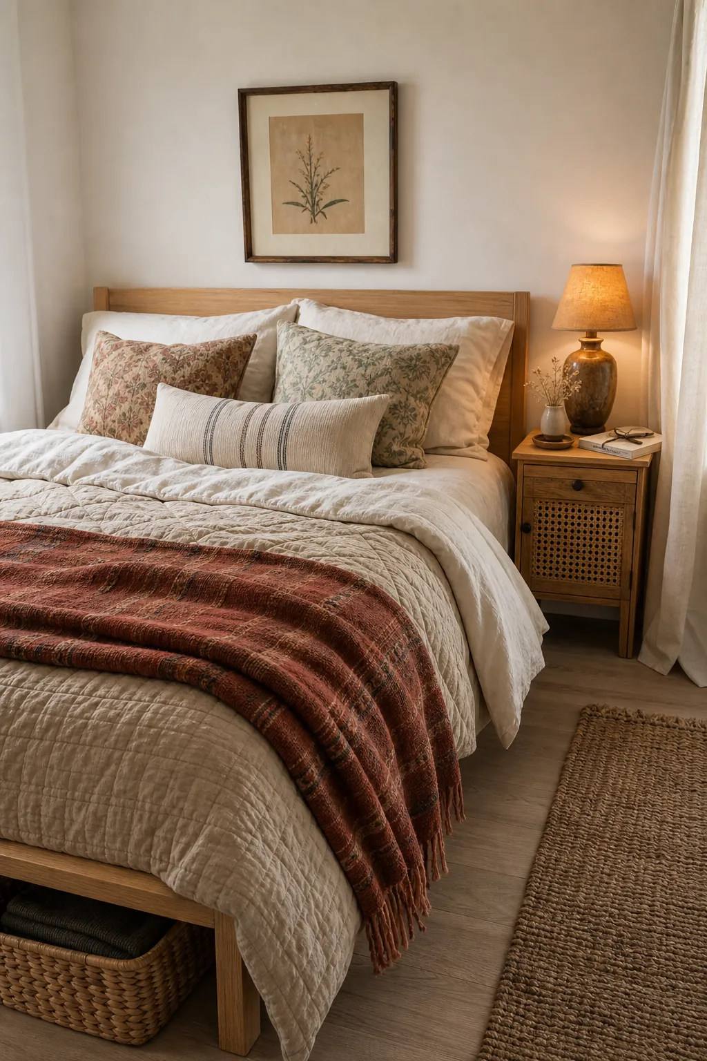 Cheap boho bedroom with layered thrifted bedding, cotton quilt, woven throw, and warm neutral colors