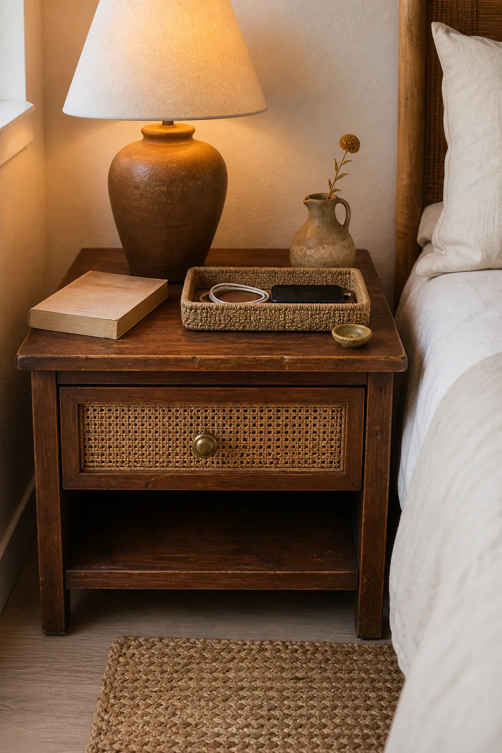 Thrifted boho bedroom nightstand with cane texture, warm lamp, woven tray, and simple styling