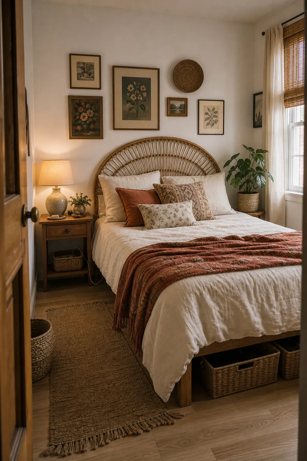 Budget boho bedroom with thrifted textiles, warm lighting, rattan, baskets, and layered natural texture