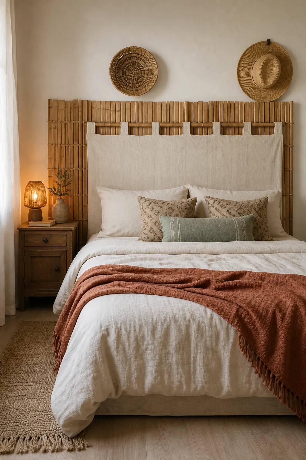 Budget boho bedroom with a DIY fabric headboard, bamboo screen, simple bedding, and renter friendly styling