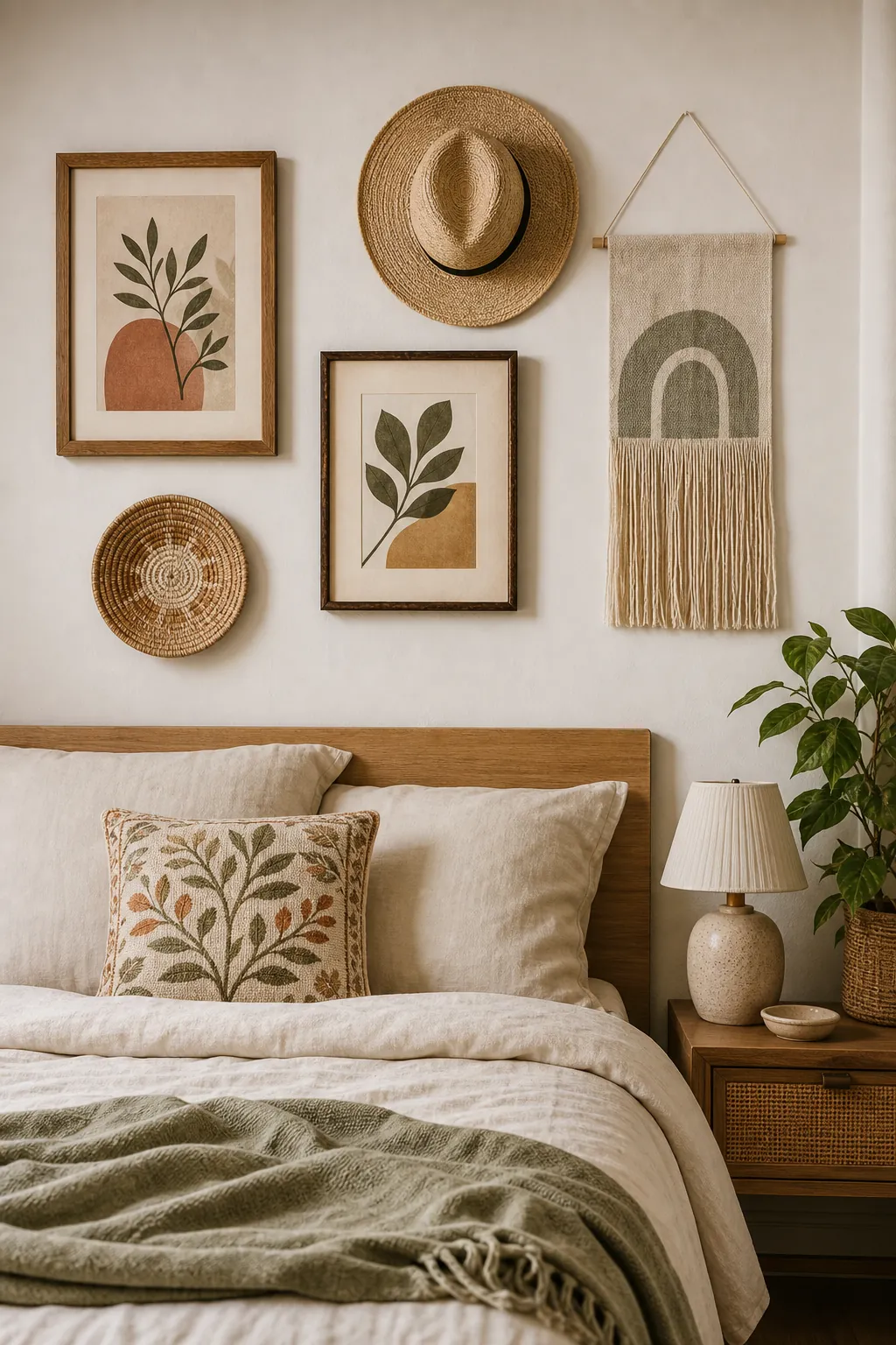 Renter friendly boho bedroom gallery wall with thrifted frames, woven plate, straw hat, and neutral bedding