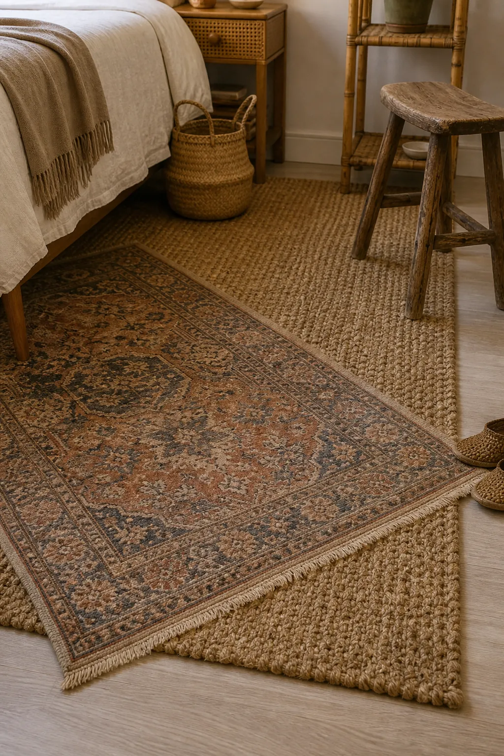 Affordable boho bedroom with layered jute and patterned rugs, thrifted stool, and neutral bedding