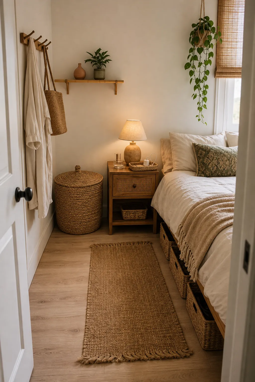Small boho bedroom with under bed baskets, warm lighting, hooks, and organized budget storage