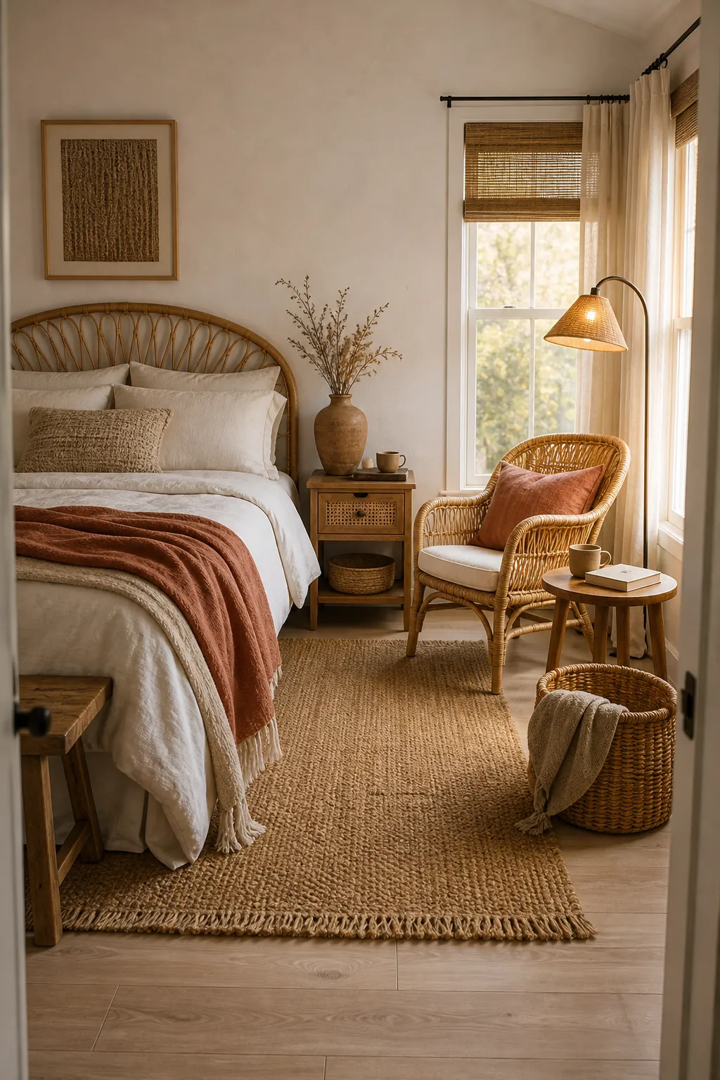 Boho bedroom with a cozy sitting area, rattan chair, jute rug, warm lamp, and earthy layered bedding