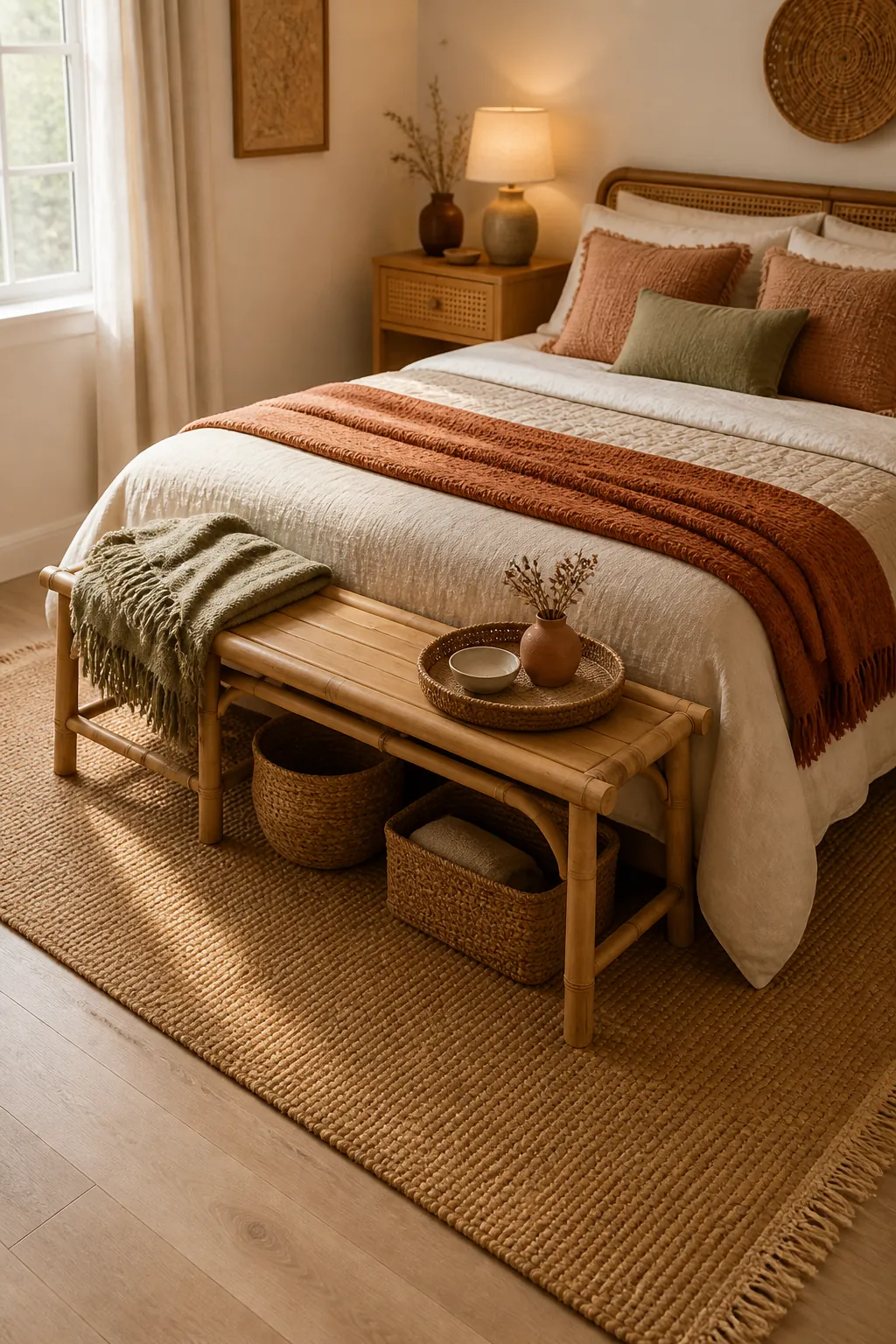 Boho bedroom with a bamboo bench at the foot of the bed, woven baskets, layered bedding, and earthy decor