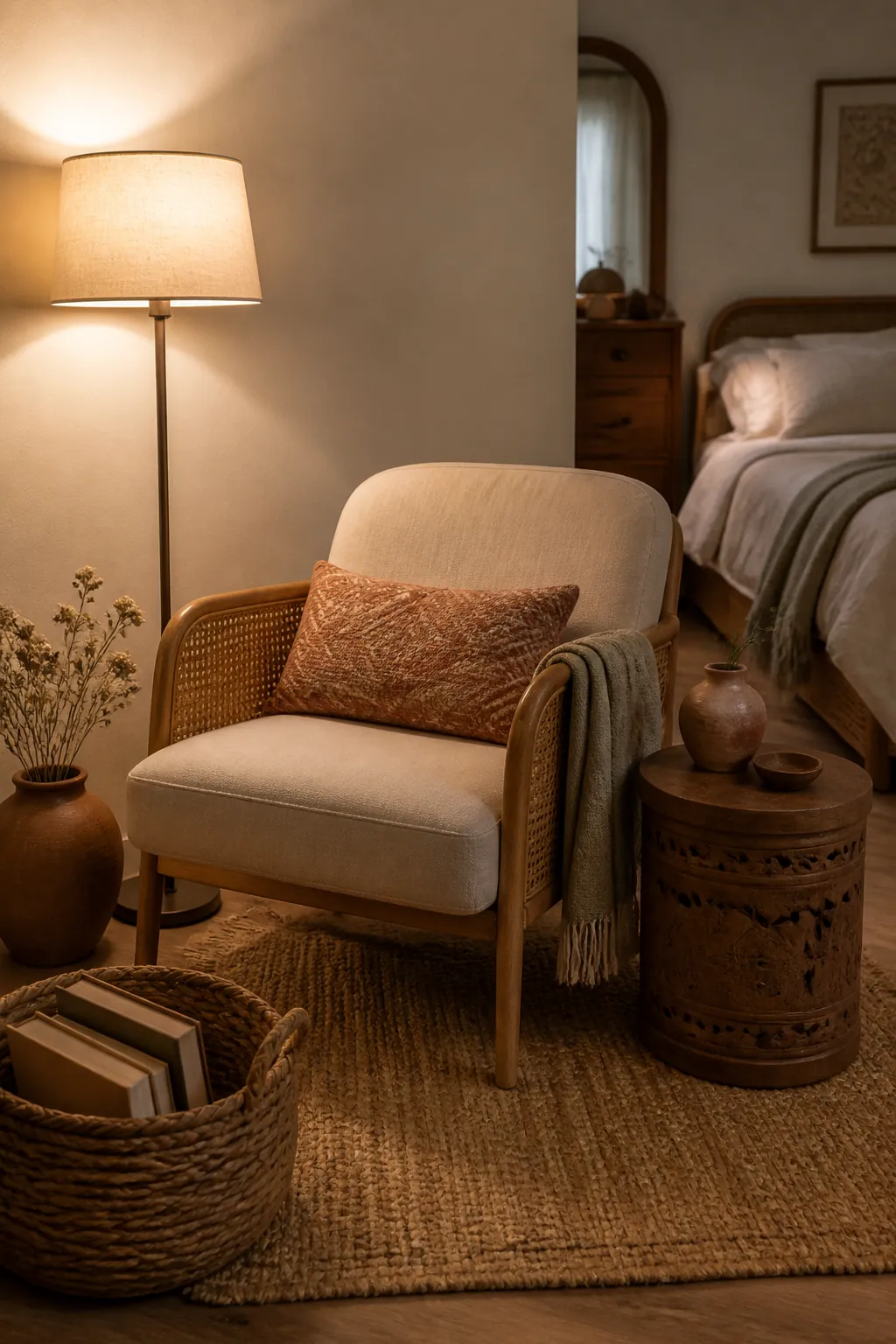 Warm boho bedroom sitting nook with woven chair, small wood table, floor lamp, jute rug, and linen throw