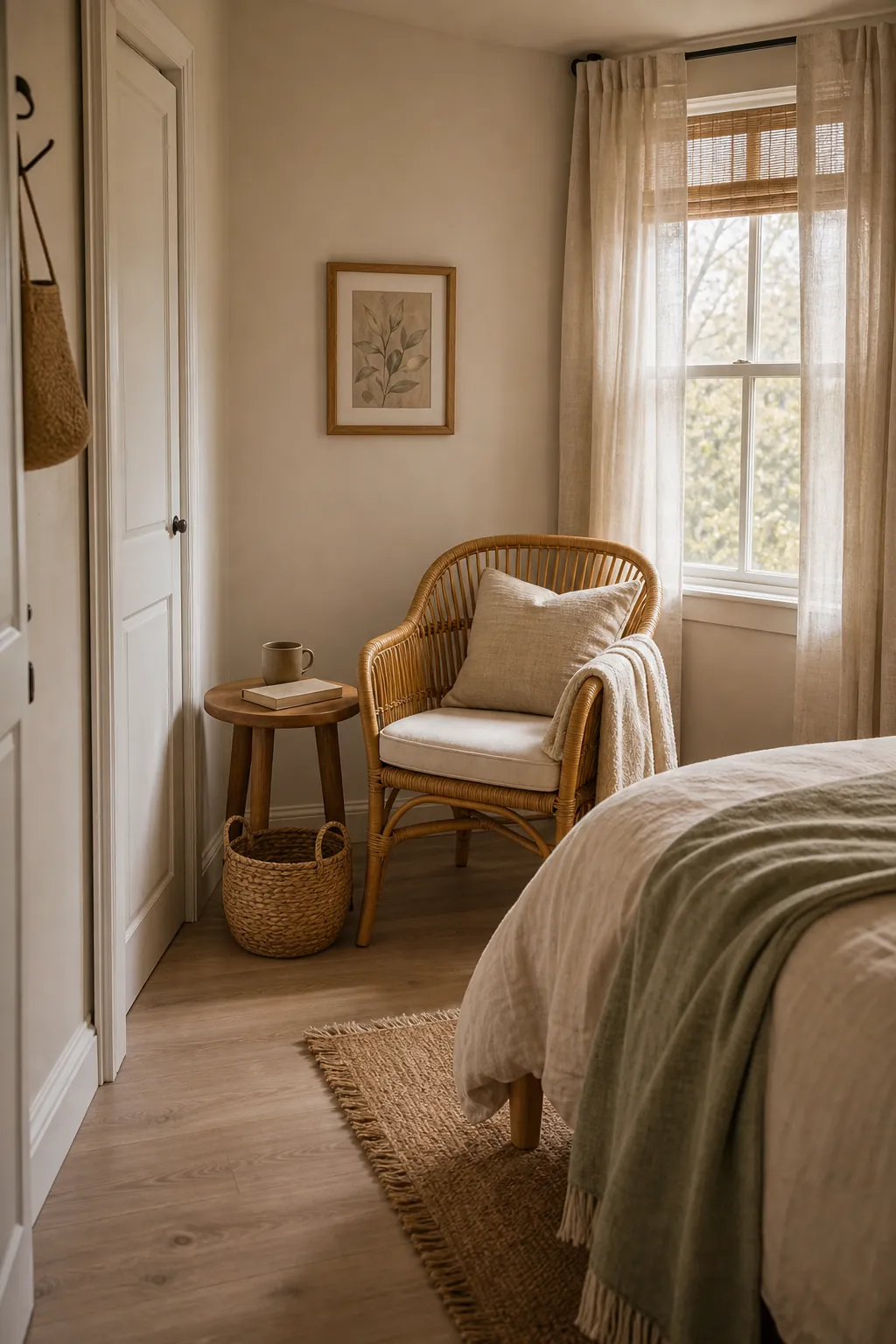 Boho bedroom sitting area with a petite rattan chair by the window, small side table, and warm neutral bedding