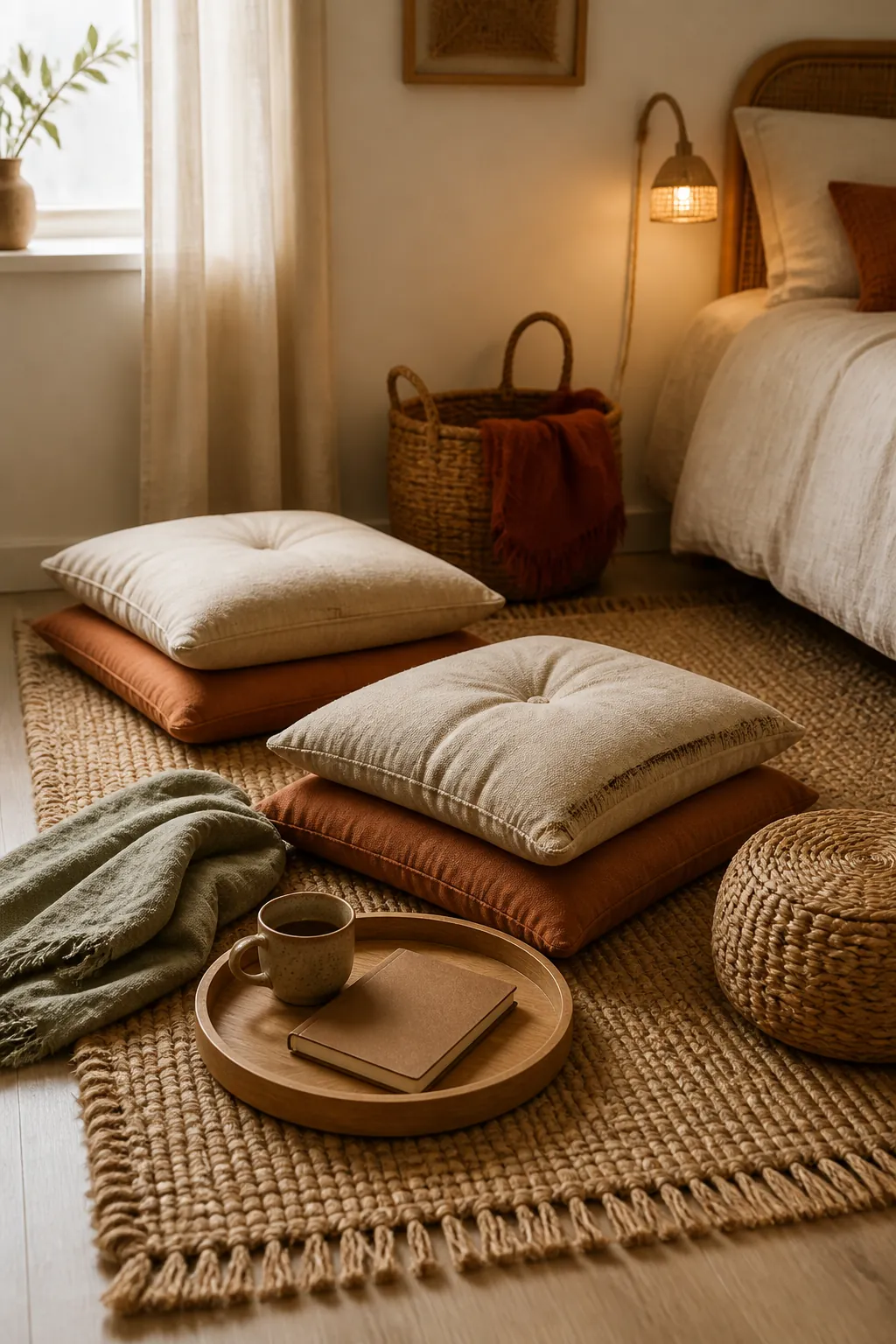 Cozy boho bedroom floor sitting area with layered cushions, low tray, jute rug, and warm window light