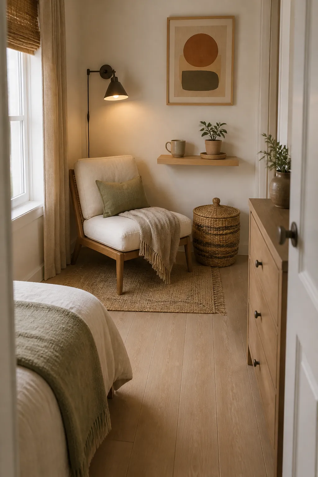 Small boho bedroom sitting corner with slim chair, wall light, floating shelf, basket, and clear walkway