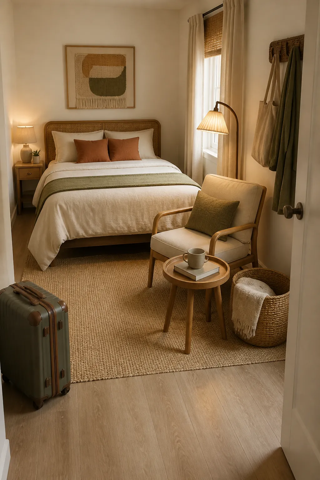 Boho guest room with a small sitting chair, tray table, reading lamp, baskets, and welcoming earthy decor