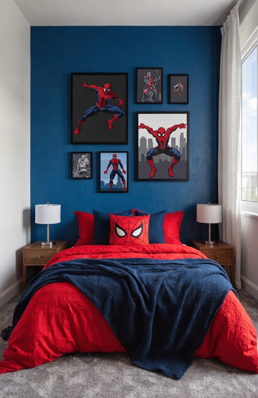 A bedroom wall featuring dynamic superhero silhouettes and vibrant primary colors.