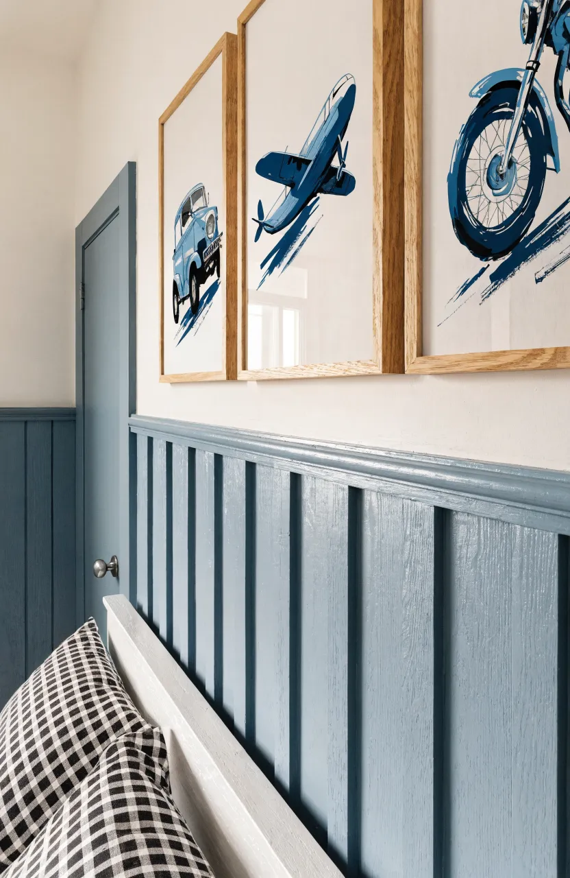 Classic blue wainscoting on the lower half of a bedroom wall with neutral tones above.