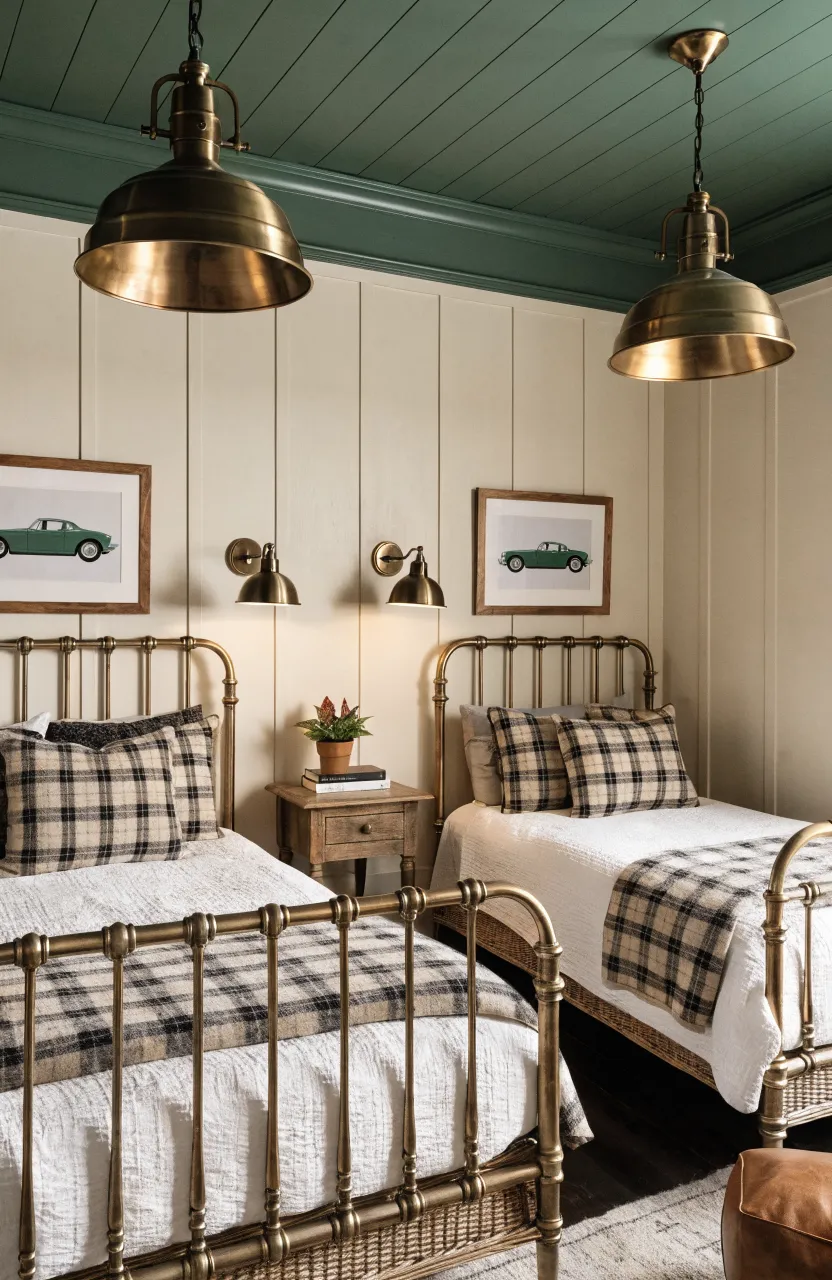 Wall art depicting classic vintage cars in a tastefully decorated boy's bedroom.
