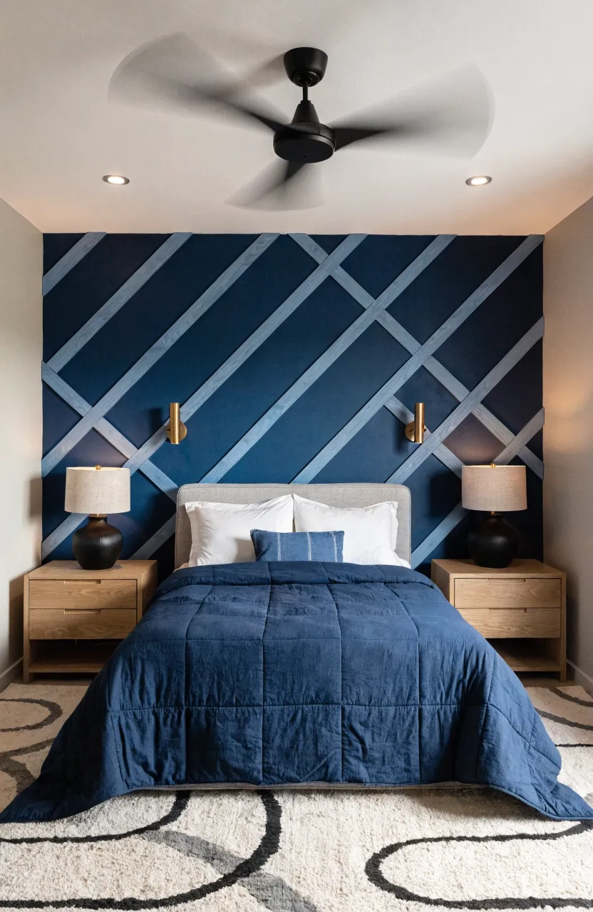 A feature wall with intricate wood trim arranged in a modern geometric pattern.