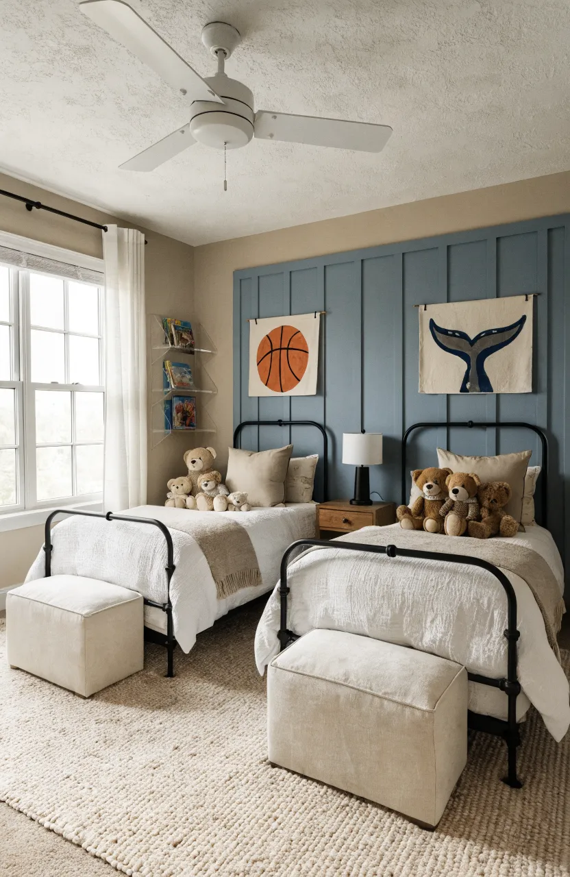 Vertical wood panels painted in a dark blue hue serving as a backdrop for wooden shelves.