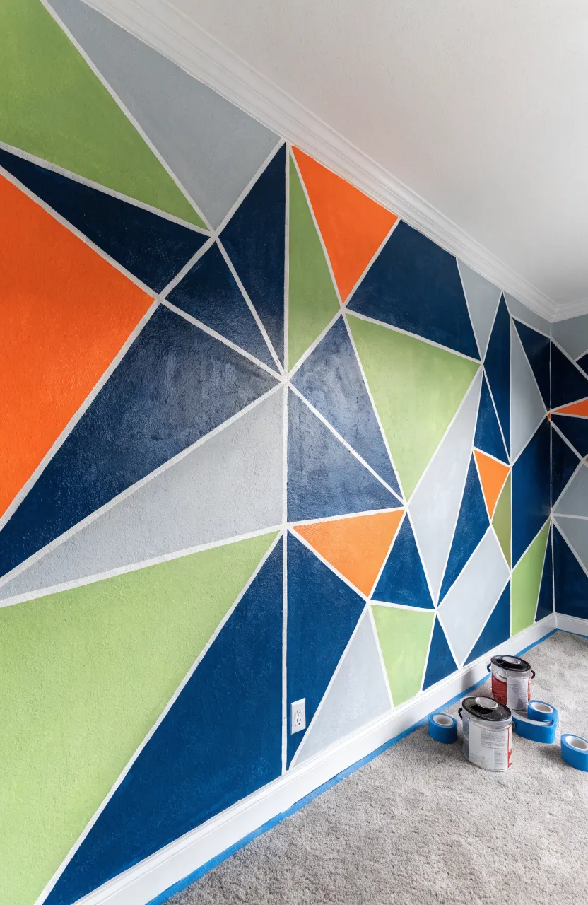 A wall painted with sharp geometric shapes in shades of blue, gray, and gold.