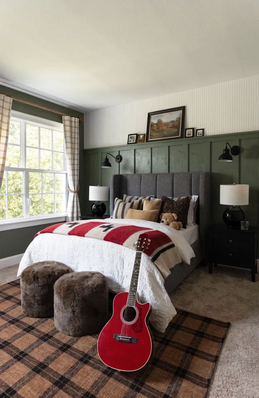 Olive green wall paneling paired with natural wood furniture and plants.