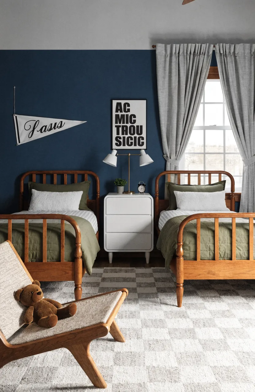 A room with the bottom half painted in navy blue and the top half left in a light neutral color.