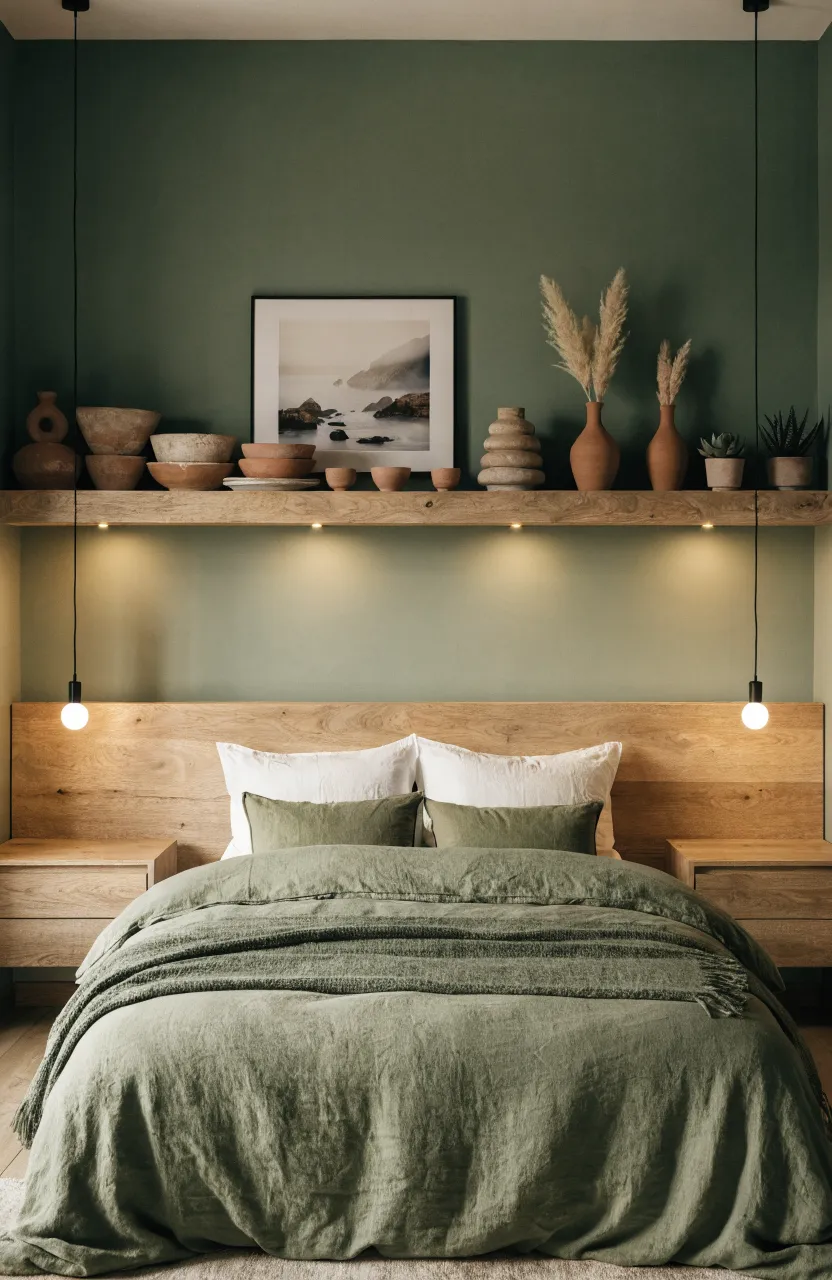 Soft sage green accents on walls and textiles in a modern bedroom layout.