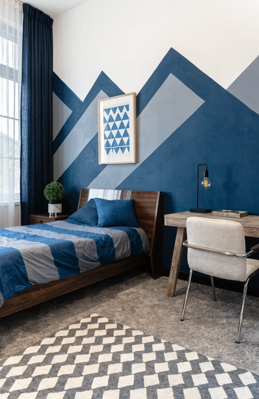 Abstract blue geometric shapes painted across a bedroom accent wall.
