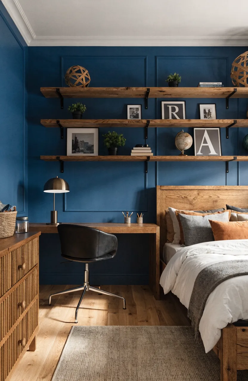 Narrow wood slats painted navy blue covering a section of the wall for texture.