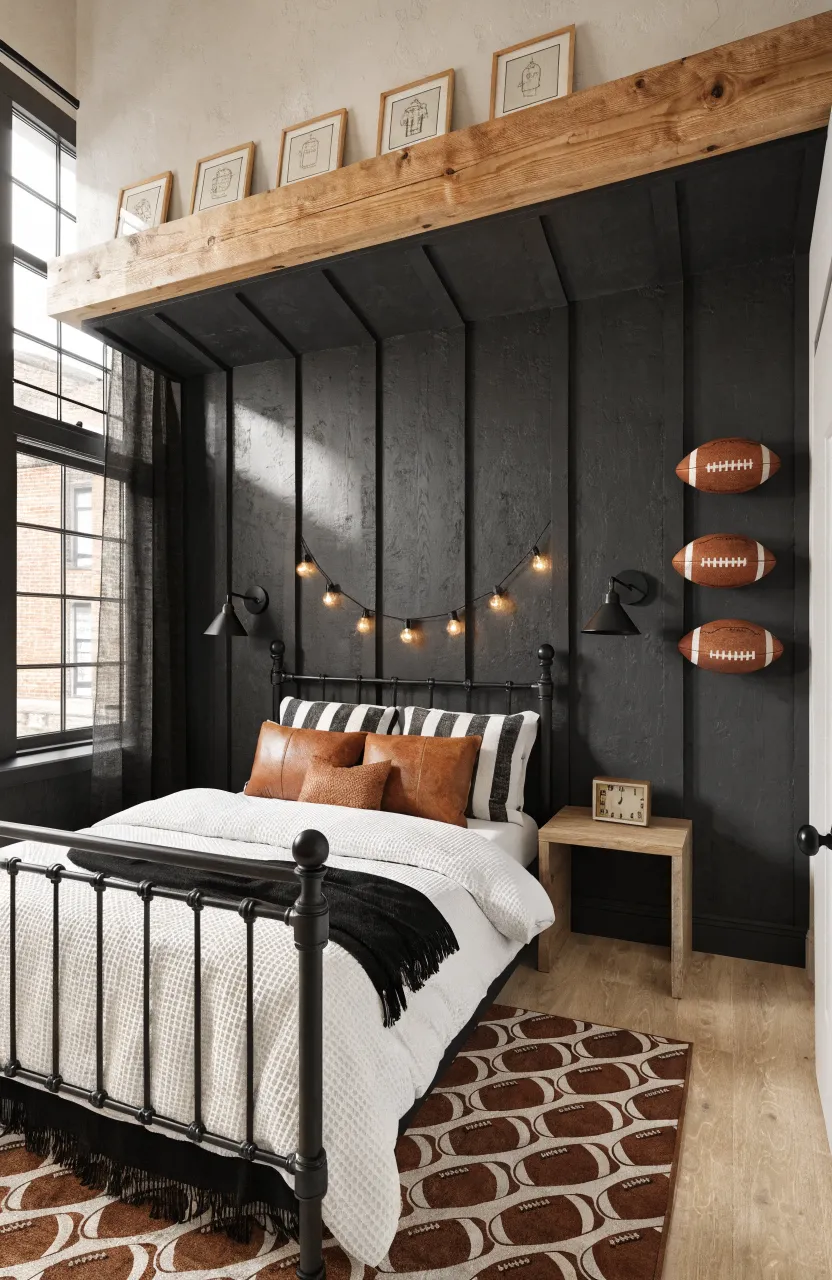 Matte black board and batten wall treatment paired with warm wooden shelving.