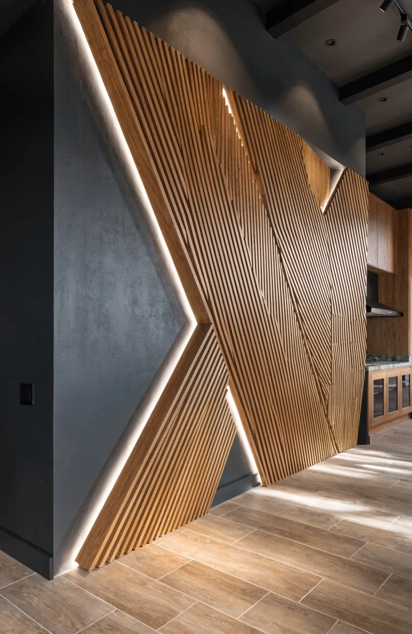 Wood slat wall with integrated LED light strips creating a futuristic neon glow.