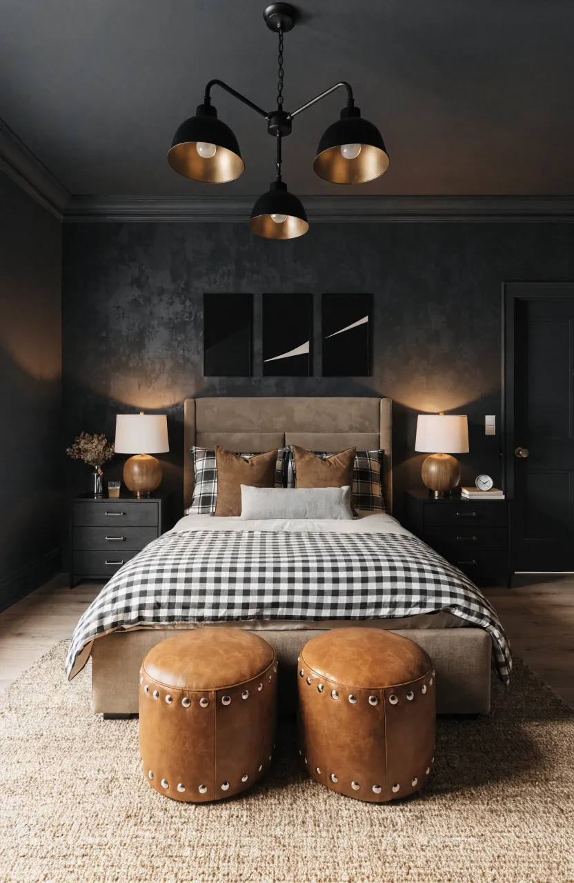 A solid matte black accent wall in a modern boy's bedroom.