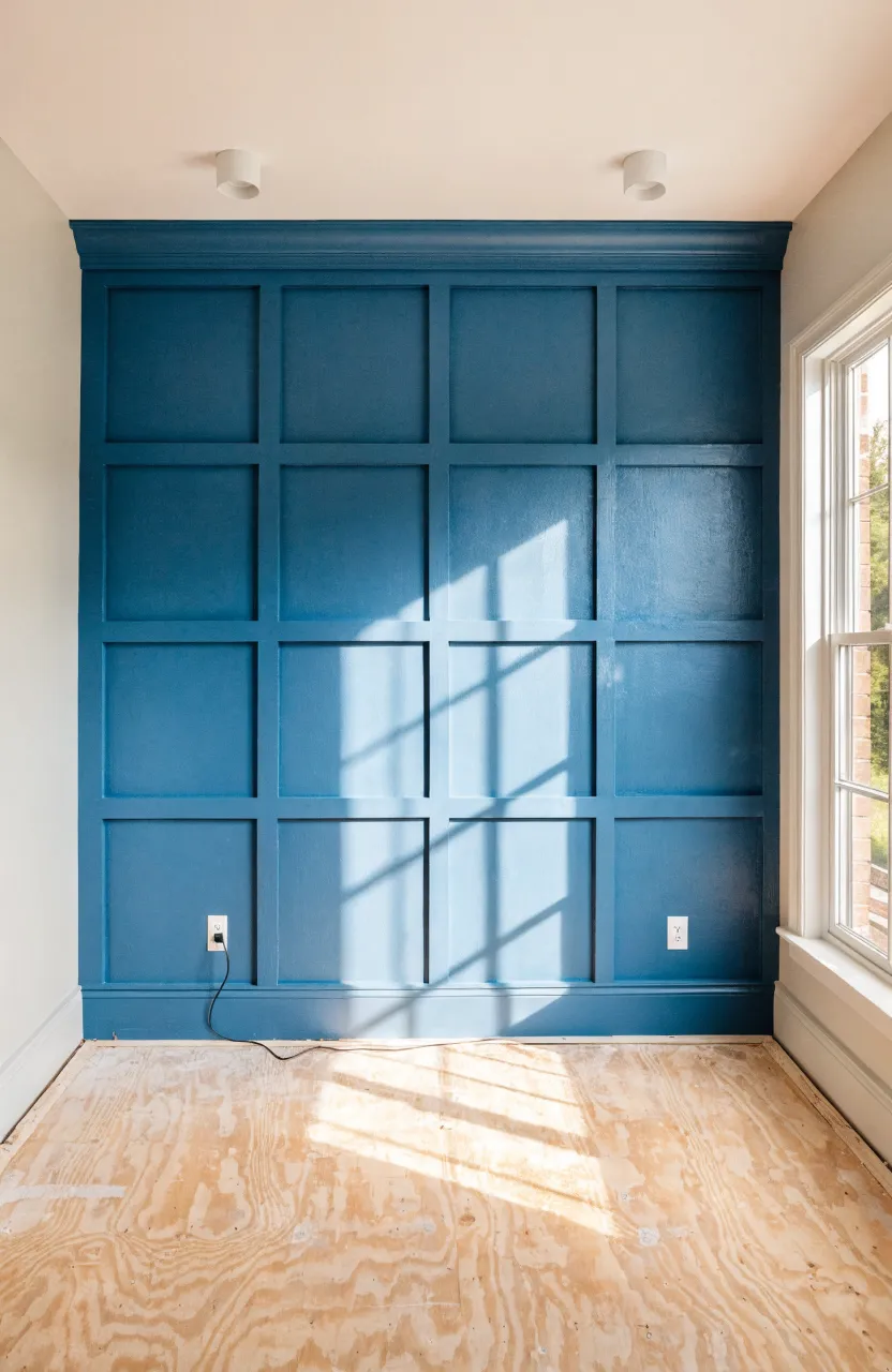 A modern bedroom featuring deep navy blue vertical wood paneling on the main accent wall.
