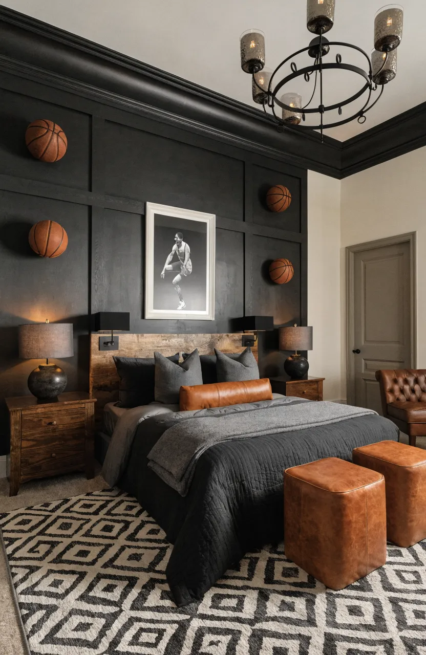 Intricate black textured wall paneling in a living room with moody lighting.