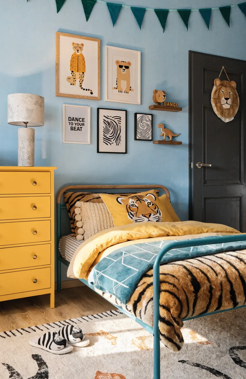A nursery wall decorated with safari animal decals and earth-toned paint.
