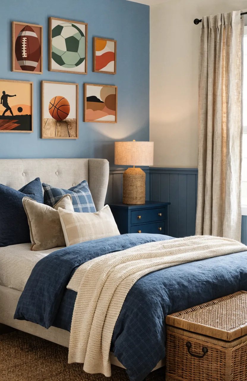A collection of framed sports jerseys and memorabilia arranged on a blue bedroom wall.