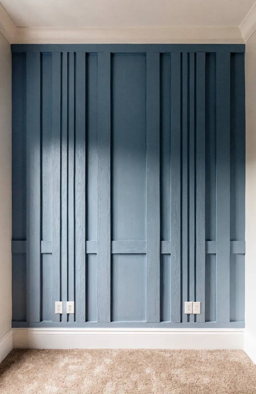 Classic lower-wall blue wainscoting with white upper walls in a hallway.