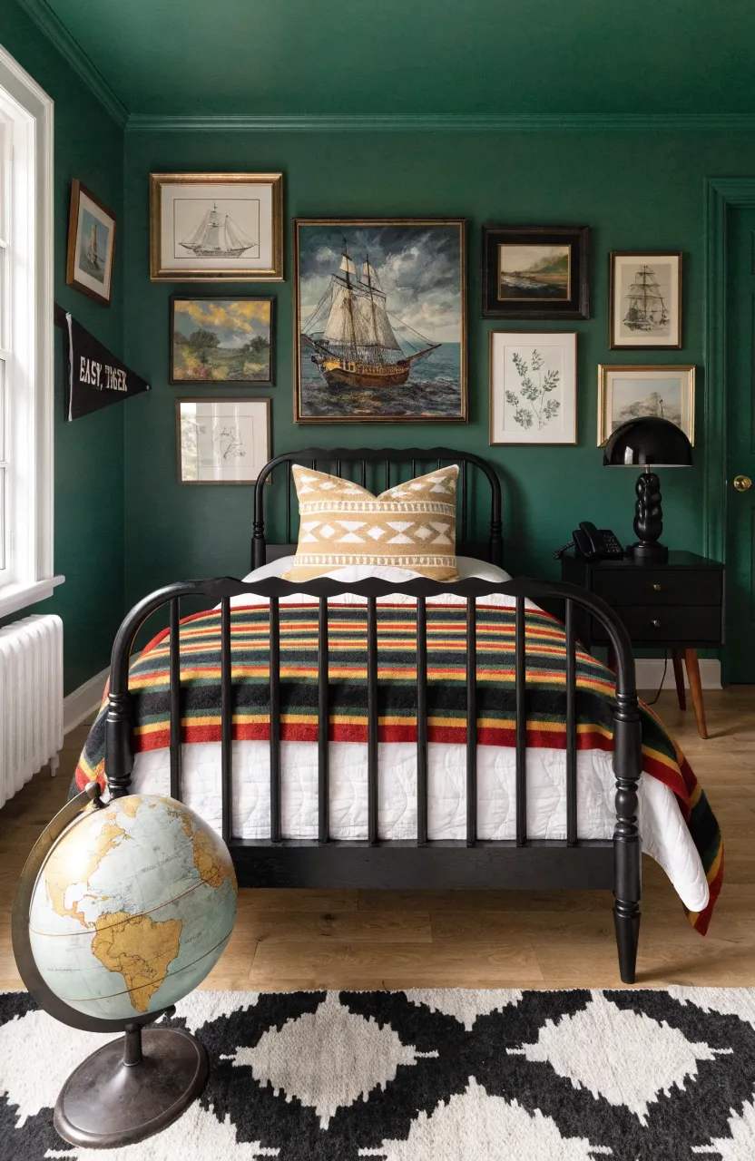 A bedroom with a deep forest green accent wall behind a wooden headboard.