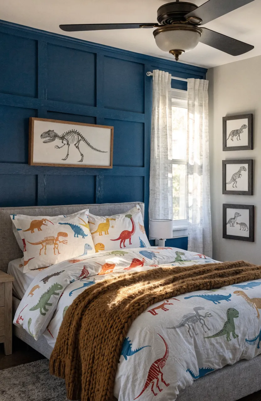 Close up of ornate wall molding painted in a uniform glossy blue finish.