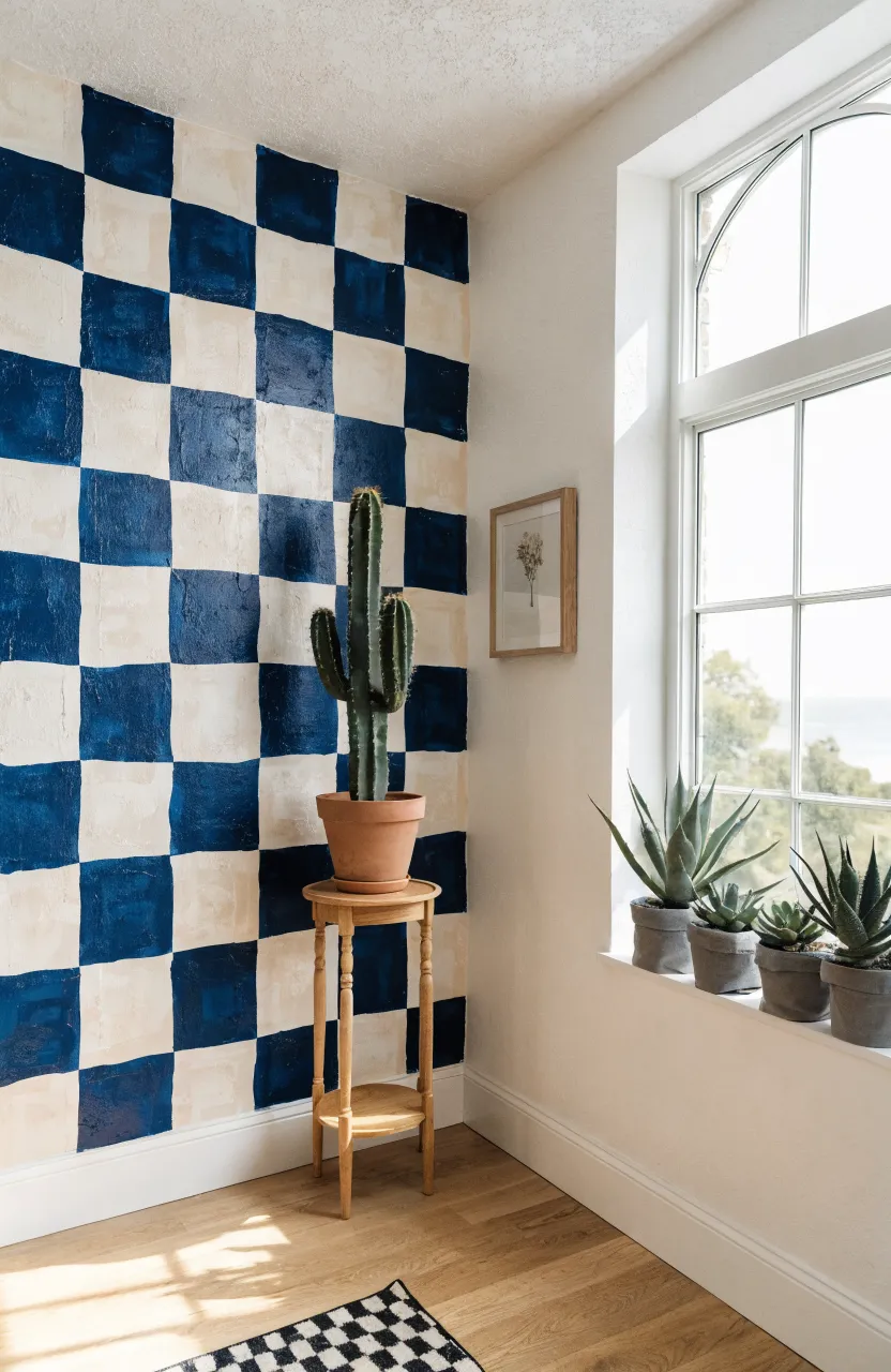 A wall painted with a large-scale checkered pattern in two shades of blue.