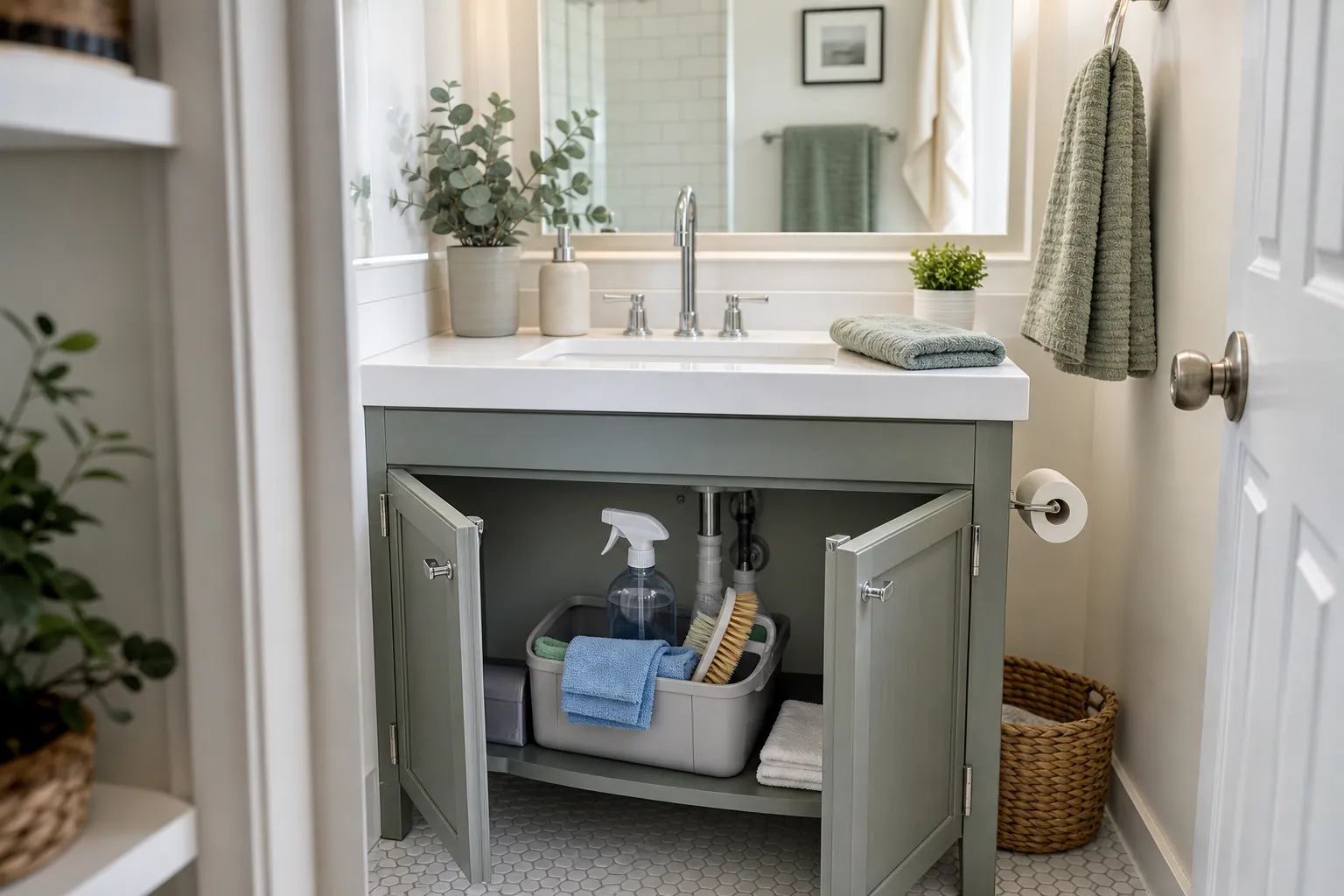 Bathroom cleaning caddy stored near the sink for quick cleaning
