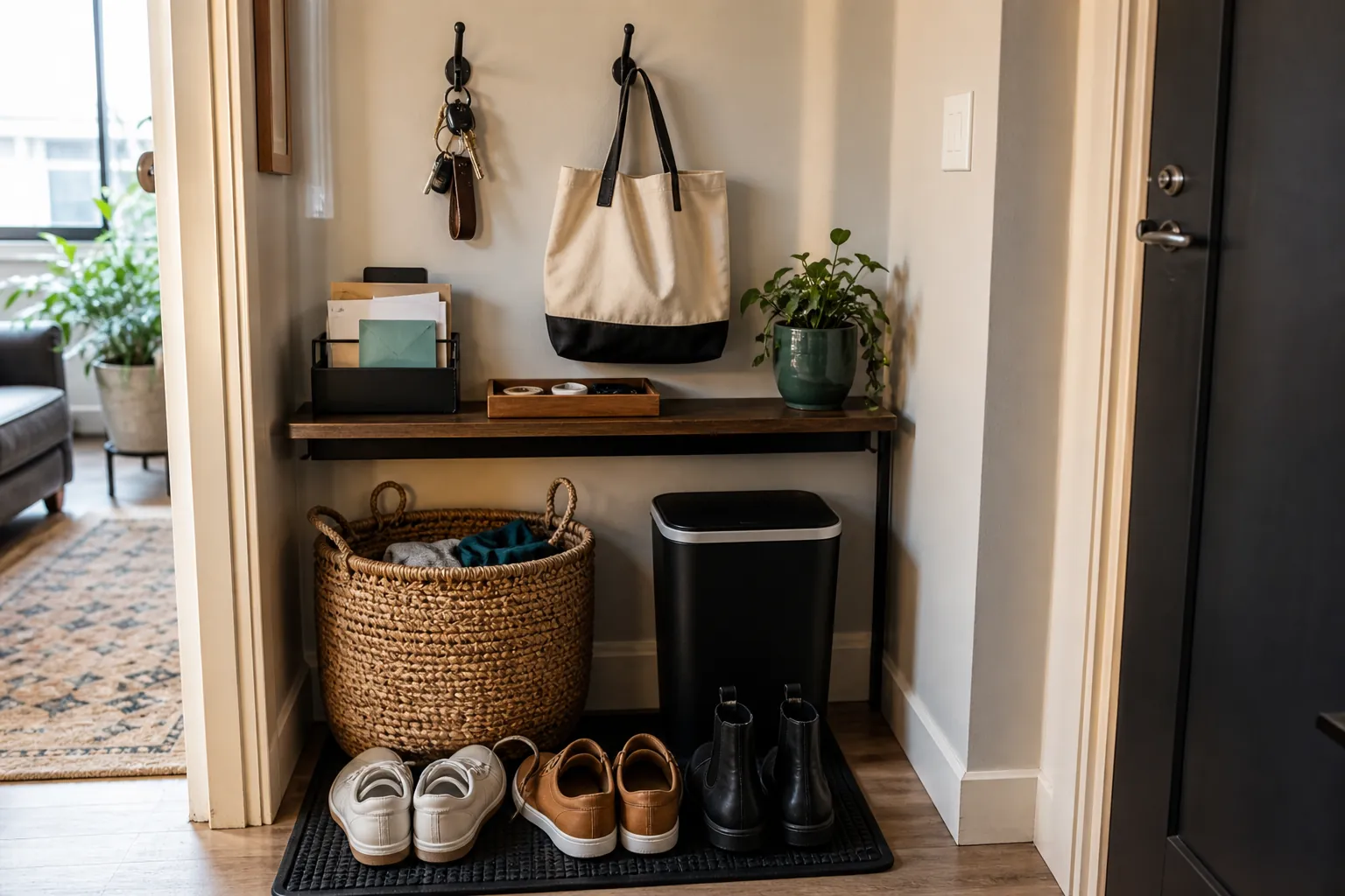 Small entryway drop zone with basket and hooks for decluttering
