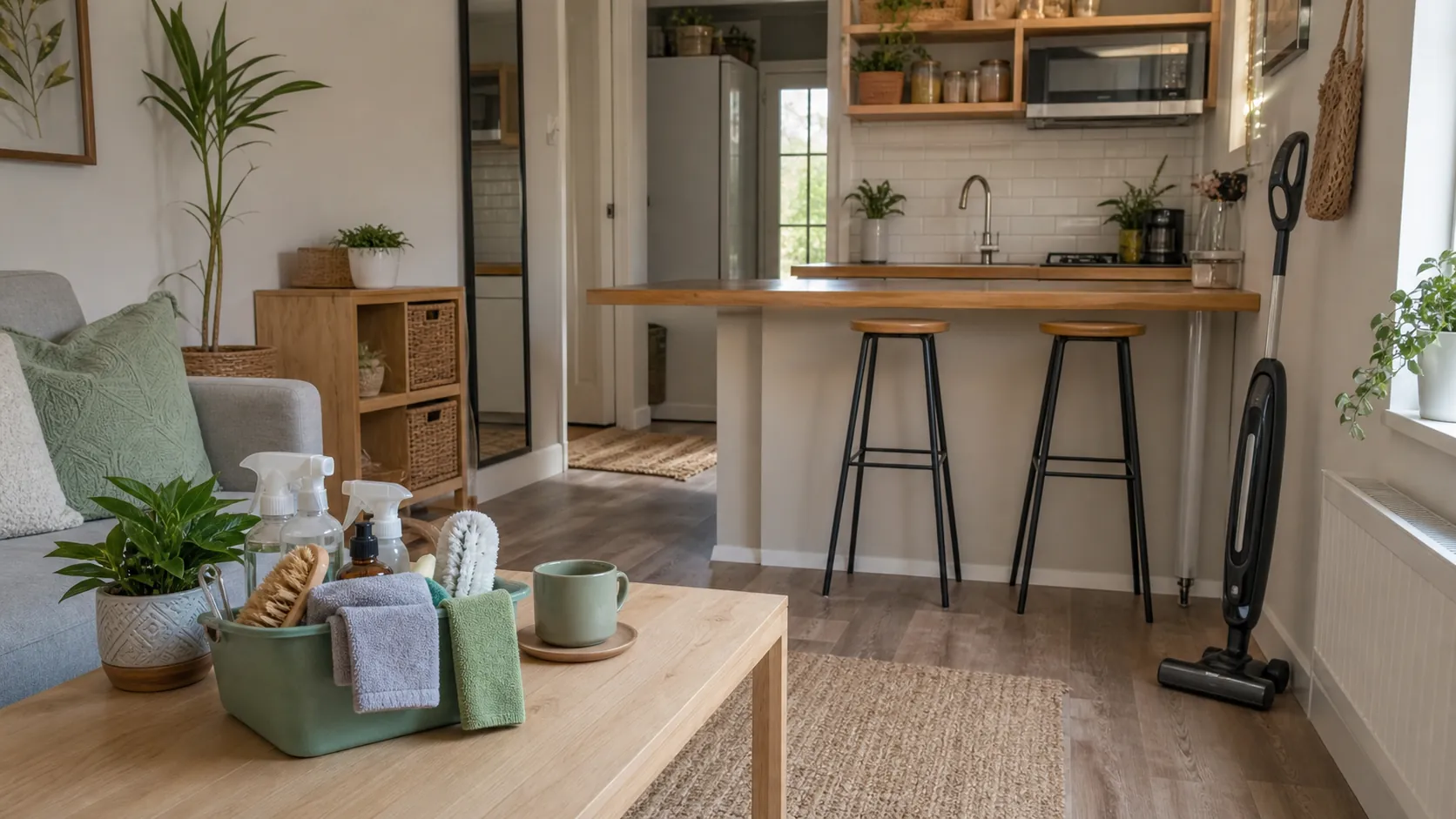 Bright small apartment ready for a busy week cleaning routine